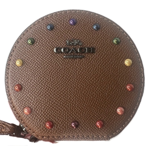 COACH ROUND COIN CASE RAINBOW RIVETS 
DARK SADDLE PRIDE ANTIQUE NICKEL F31574 - Picture 5 of 11
